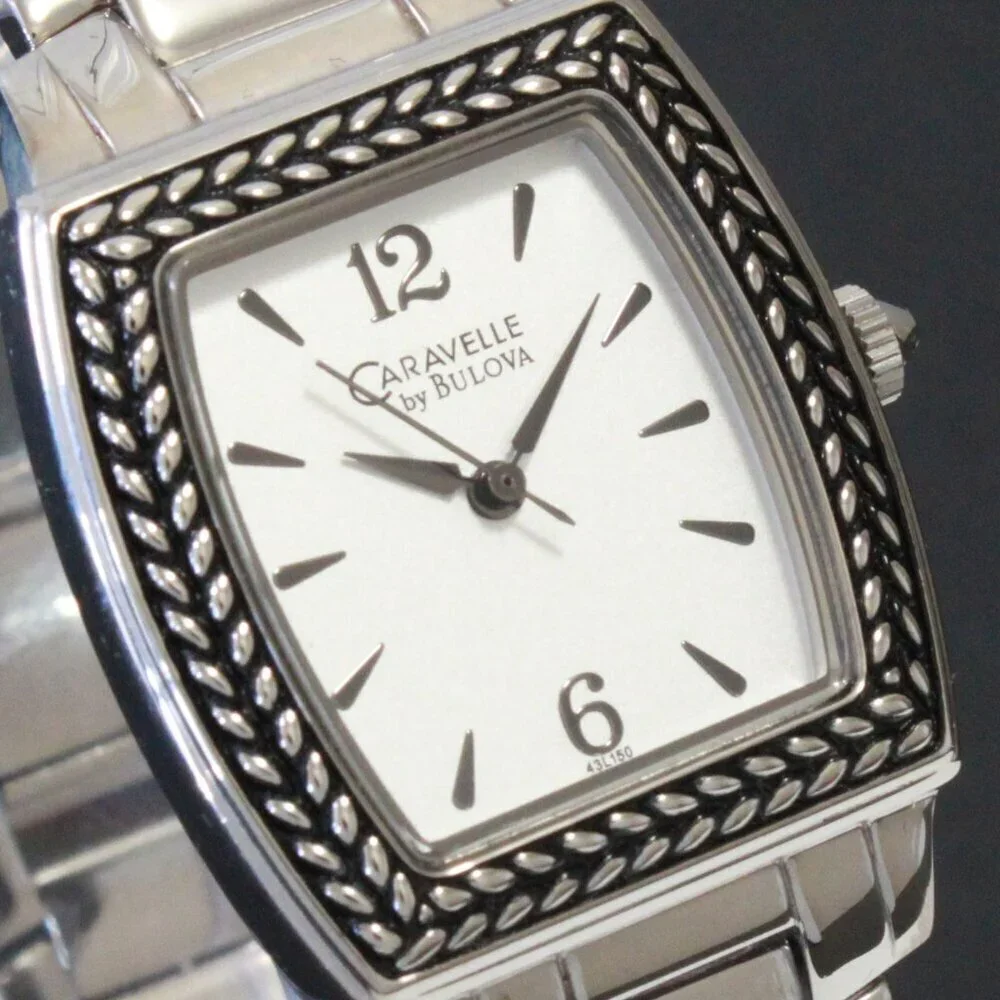 Caravelle Ladies Tonneau Style Quartz Watch By Bulova Silver Tone 26mm x 37.5mm